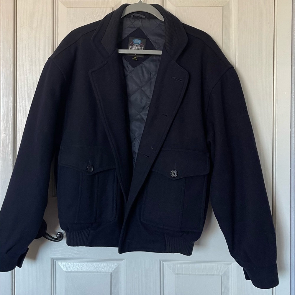 Vintage 100% Pure Stuff Wool Navy Blue Bomber Jacket size Small